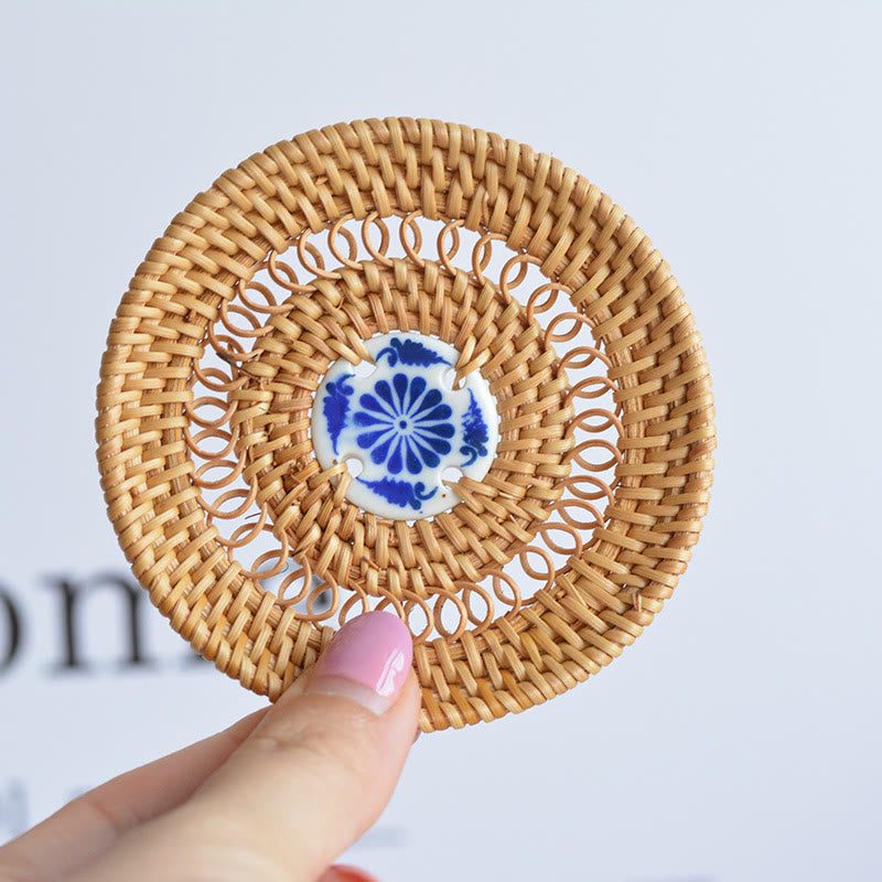 Ceramic Flower Pattern Rattan Cup Mat Tea Cup Coaster - image 15