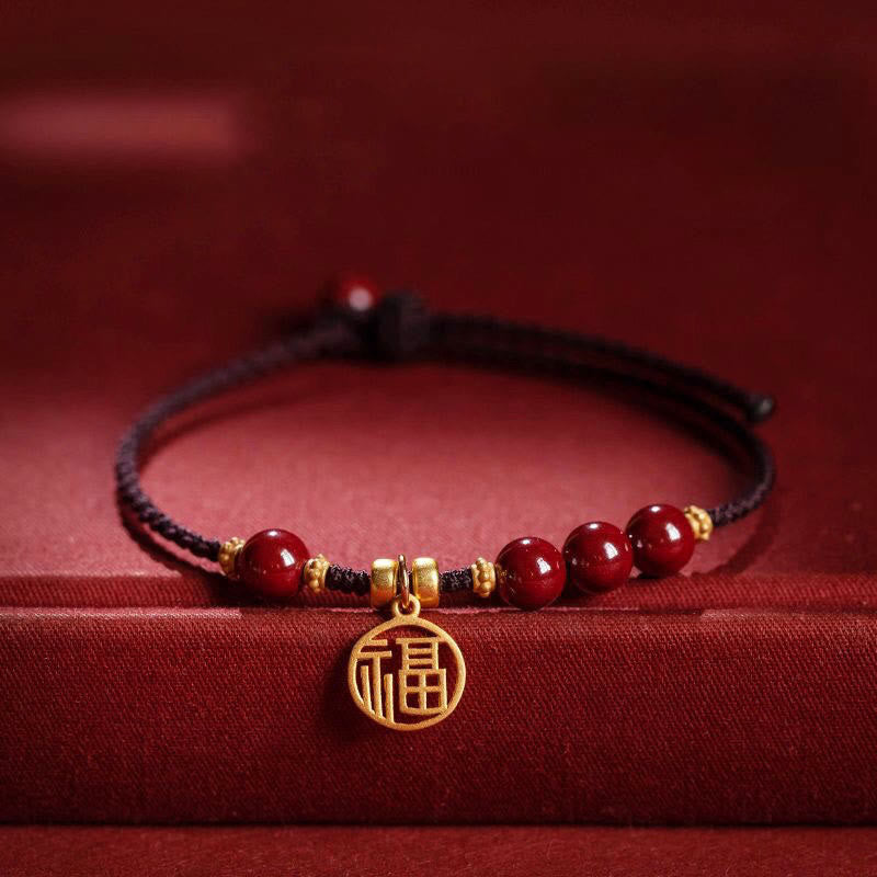Buddha Stones Cinnabar Bead Fu Character Charm Blessing Braided String Bracelet - Cinnabar - image 0