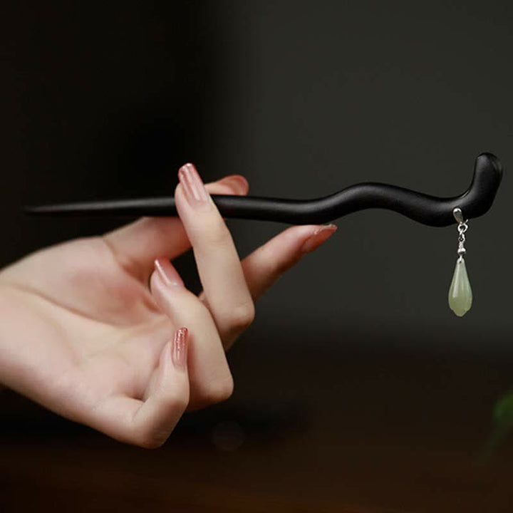 Buddha Stones 925 Sterling Silver Natural Hetian Jade Ebony Wood Luck Charm Hairpin - image 5