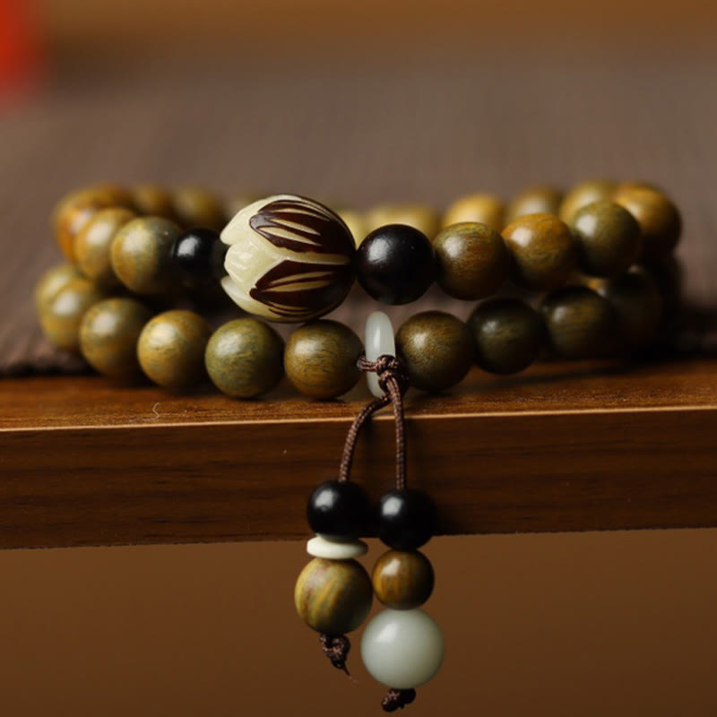 Buddha Stones Green Sandalwood Bodhi Seed Lotus Soothing Double Wrap Bracelet - Green Sandalwood(Cure♥Positive) - image 0