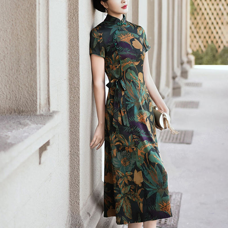Buddha Stones Silk Qipao Dress Retro Flower Leaf Pattern Women's Cheongsam Dress - image 16