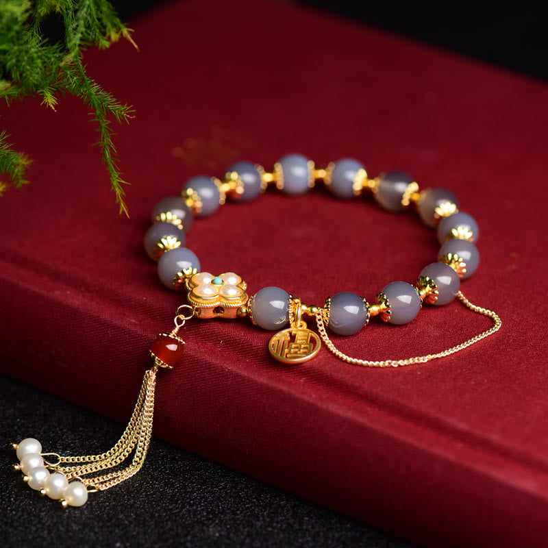 Buddha Stones Natural Gray Agate Fu Character Pearl Tassel Balance Bracelet - image 8