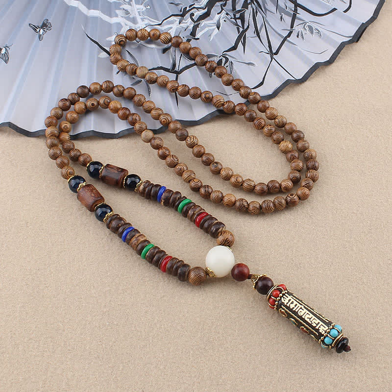 Buddha Stones Tibetan Om Mani Padme Hum Dzi Bead Wenge Wood Necklace Pendant - Om Mani Padme Hum Wood Bead Chain - image 0