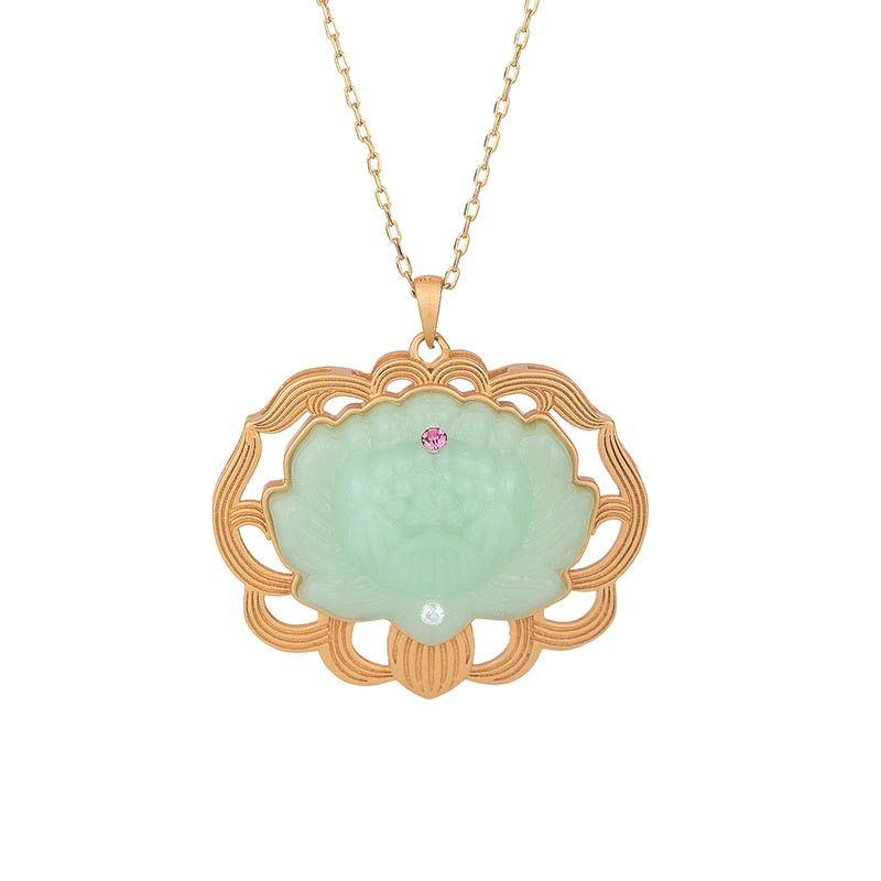Buddha Stones Natural Jade Lotus Harmony Necklace Pendant - image 2