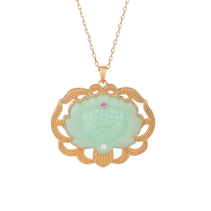 Buddha Stones Natural Jade Lotus Harmony Necklace Pendant - image 2