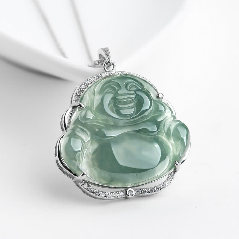 Buddha Stones 925 Sterling Silver Laughing Buddha Natural Jade Luck Necklace Chain Pendant - Jade - image 0