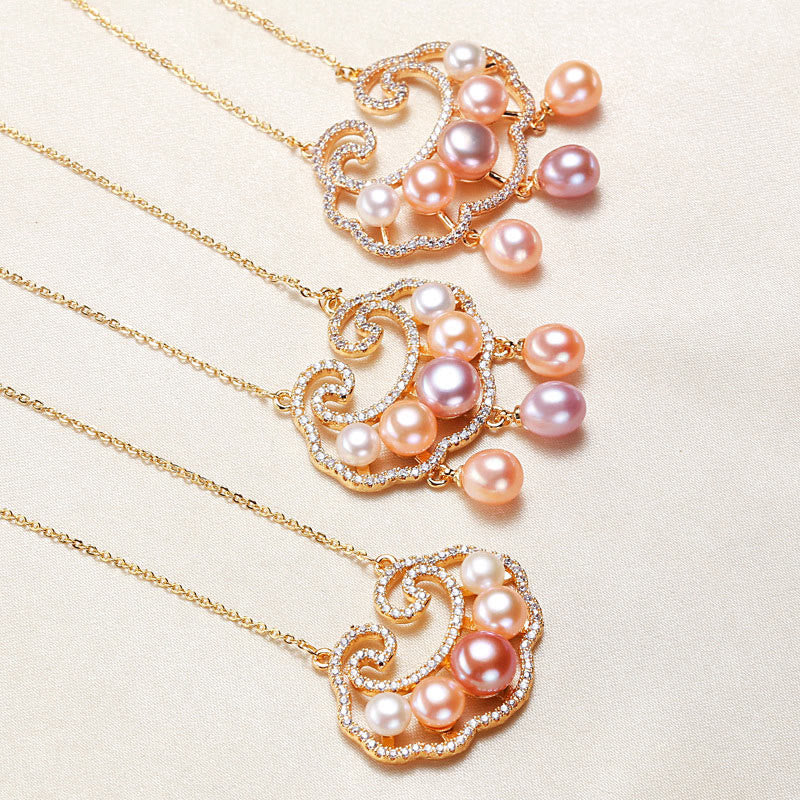 Buddha Stones 18K Gold Plated Natural Pearl Chinese Lock Charm Sincerity Necklace Pendant - image 1