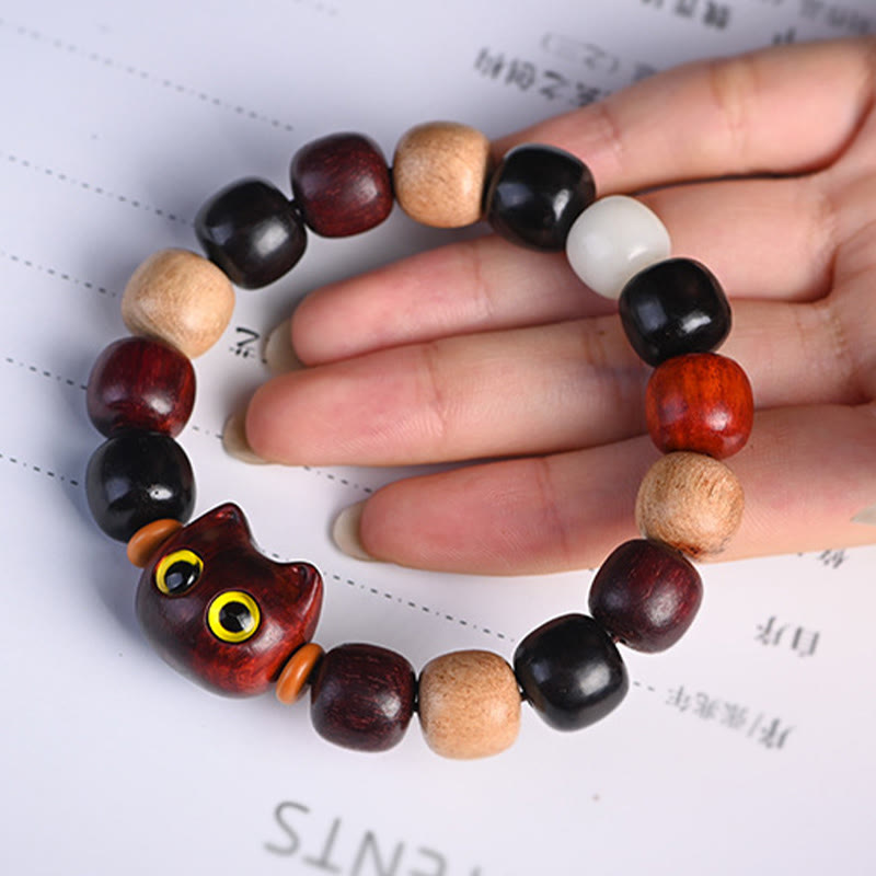 Buddha Stones Small Leaf Red Sandalwood Ebony Wood Cute Cat Engraved Protection Bracelet - image 13