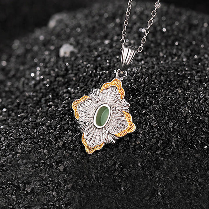 Buddha Stones 925 Sterling Silver Plated Gold Hetian Cyan Jade Rhombus Design Luck Healing Necklace Pendant - image 3