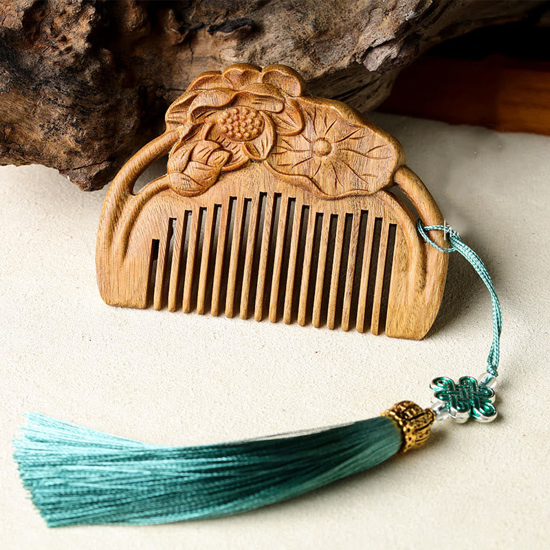 Natural Green Sandalwood Lotus Flower Leaf Engraved Soothing Comb - image 1