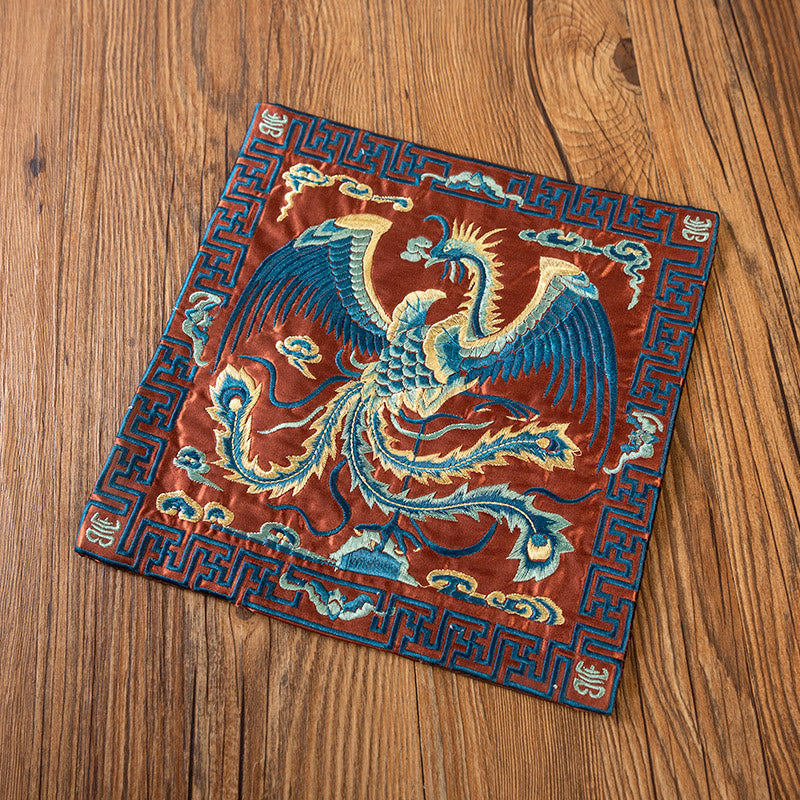 Buddha Stones Phoenix Dragon Kirin Embroidery Cup Mat Pad Tea Cup Coaster Kung Fu Tea Mat - Brown Phoenix - image 29