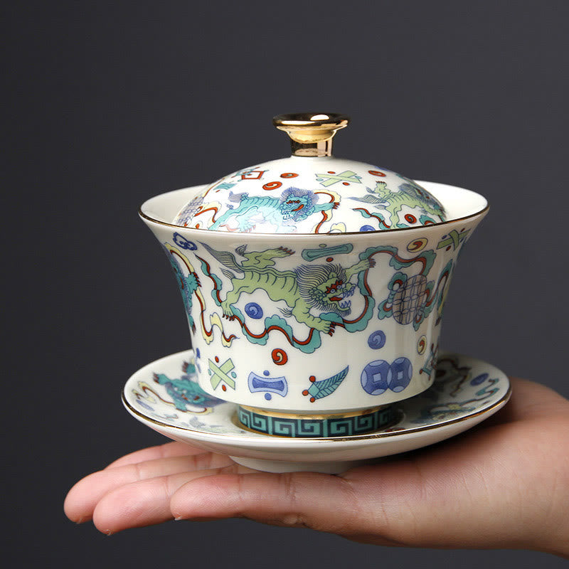 Buddha Stones Retro Plum Blossom Pine Bamboo Phoenix Kirin Ceramic Gaiwan Sancai Teacup Kung Fu Tea Cup and Saucer with Lid - image 12
