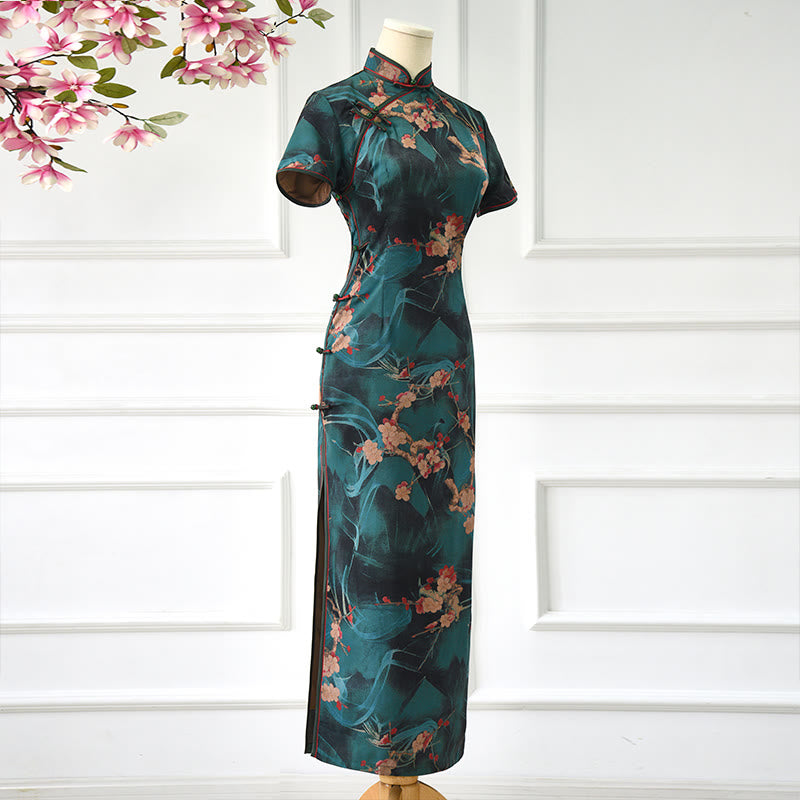 Buddha Stones Vintage Pink Flowers Print Cheongsam Dress Women's Qipao Dress - image 1