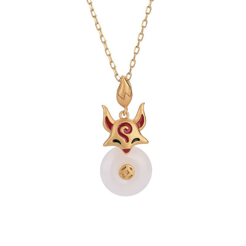 Buddha Stones White Jade Fox Copper Coin Protection Luck Necklace Pendant - image 4