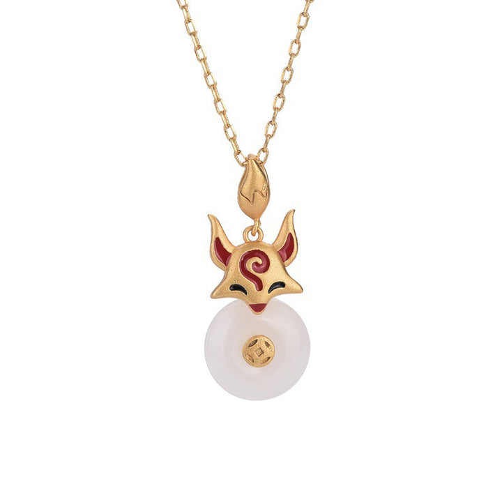 Buddha Stones White Jade Fox Copper Coin Protection Luck Necklace Pendant - image 4