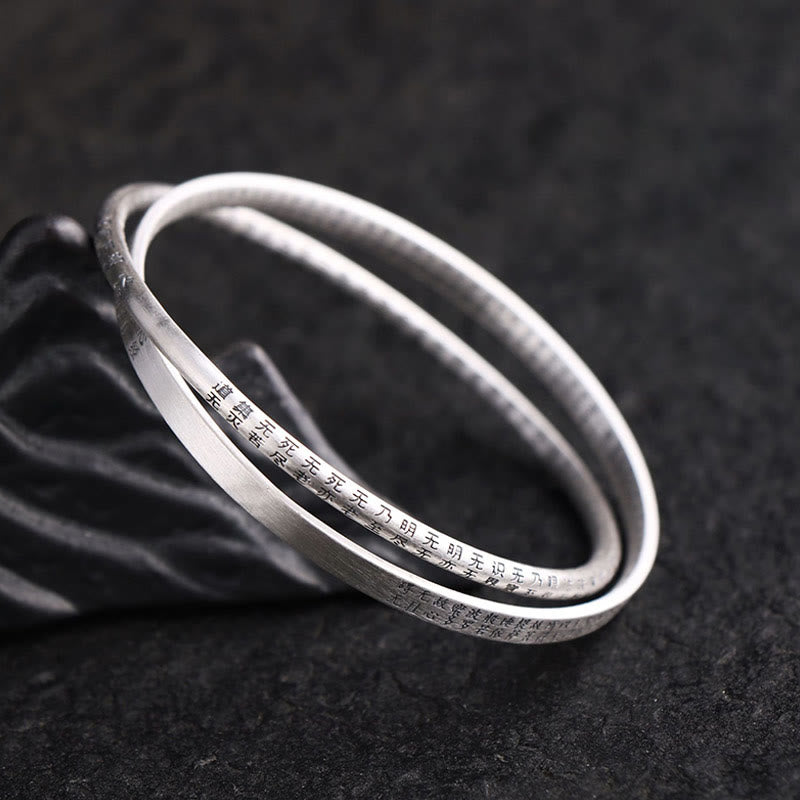 Buddha Stones 999 Sterling Silver Heart Sutra Carved Protection Bracelet Bangle - 62mm - image 0