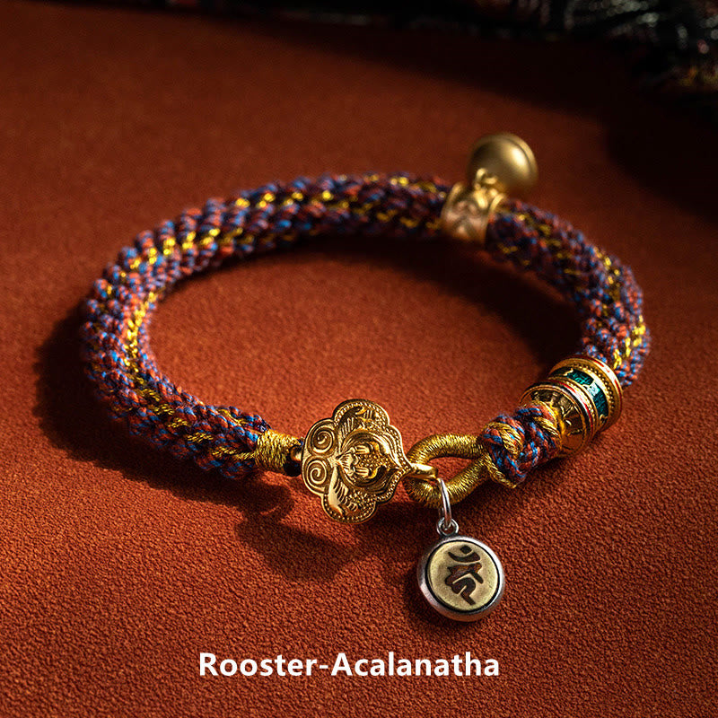 Buddha Stones 925 Sterling Silver Chinese Zodiac Natal Buddha Om Mani Padme Hum Luck Bell Braided String Bracelet - Rooster-Acalanatha - 17-19cm - image 17
