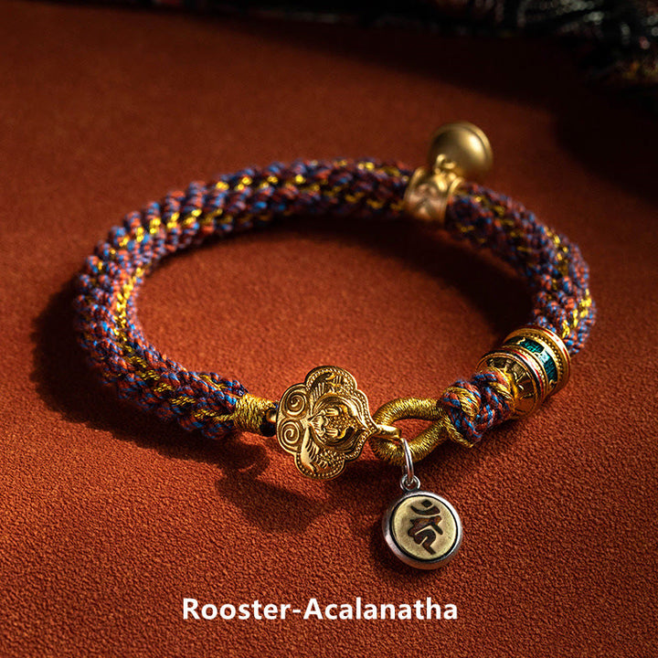 Buddha Stones 925 Sterling Silver Chinese Zodiac Natal Buddha Om Mani Padme Hum Luck Bell Braided String Bracelet - Rooster-Acalanatha - 17-19cm - image 17