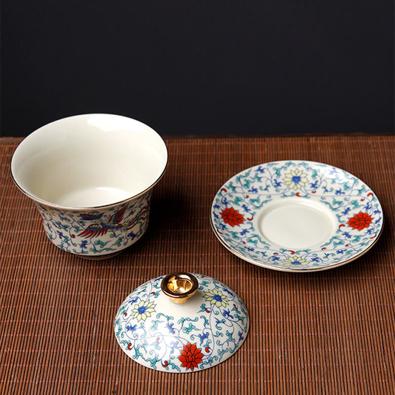 Buddha Stones Retro Plum Blossom Pine Bamboo Phoenix Kirin Ceramic Gaiwan Sancai Teacup Kung Fu Tea Cup and Saucer with Lid - image 8