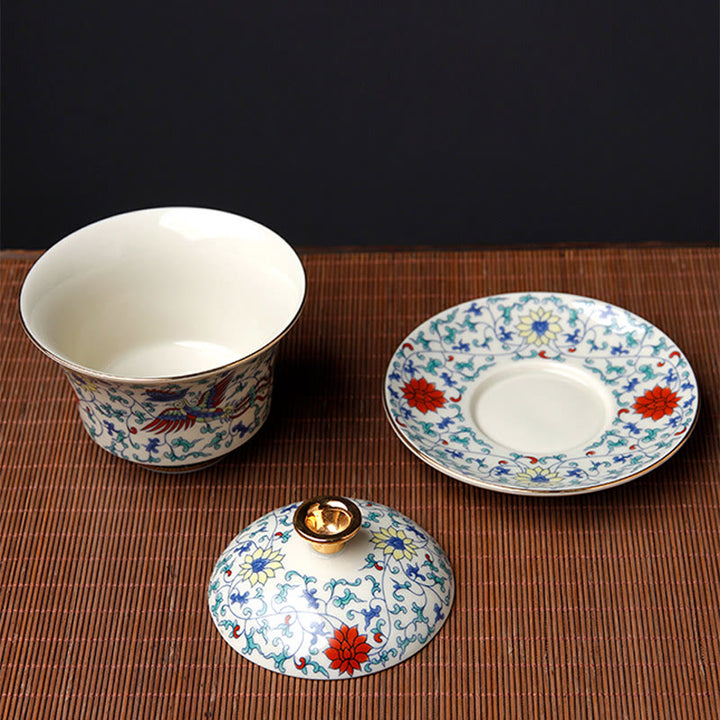 Buddha Stones Retro Plum Blossom Pine Bamboo Phoenix Kirin Ceramic Gaiwan Sancai Teacup Kung Fu Tea Cup and Saucer with Lid - image 8