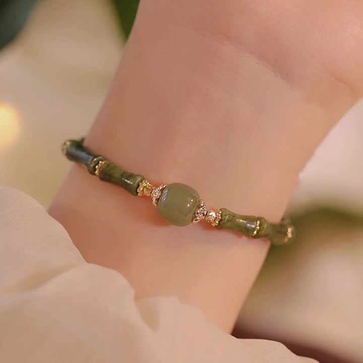 Buddha Stones 14K Copper Plated Peridot Hetian Jade Bamboo Pattern Luck Bracelet - Green Hetian Jade Bead Peridot Bamboo(Wrist Circumference 14-15cm) - image 2