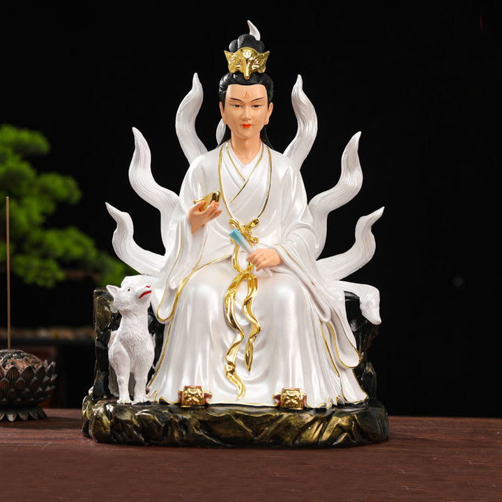 Buddha Stones Nine Tailed Fox Fairy Luck Protection Resin Home Decoration - White Male Nine-Tailed Fox - image 4