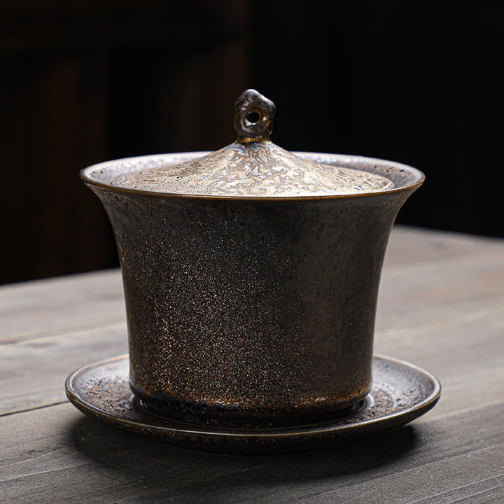 Buddha Stones Retro Rust Glaze Ceramic Gaiwan Sancai Teacup Kung Fu Tea Cup And Saucer With Lid - 11.2*10.2cm*230ml - image 0