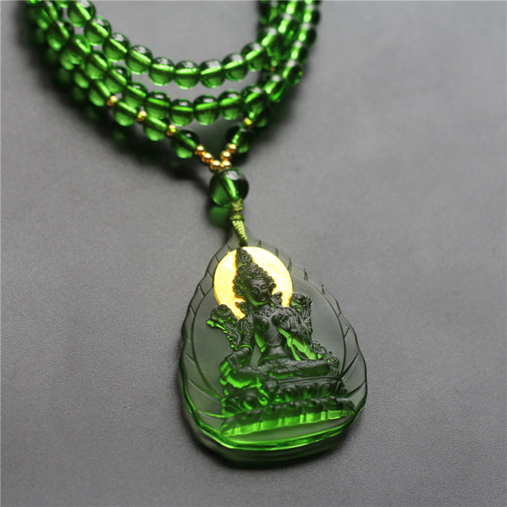 Buddha Stones Tibetan Green Tara Buddha Gold Plated Liuli Crystal Protection Necklace Pendant - Leaf Green Tara - Buddha Light Version - image 6