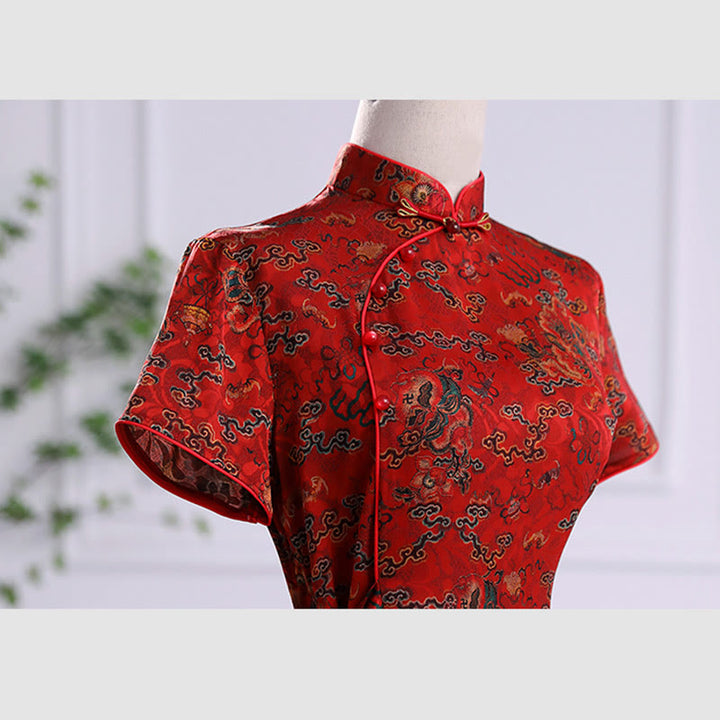 Buddha Stones Vintage Auspicious Clouds Leaf Print Cheongsam Dress Women's Qipao Dress - image 10