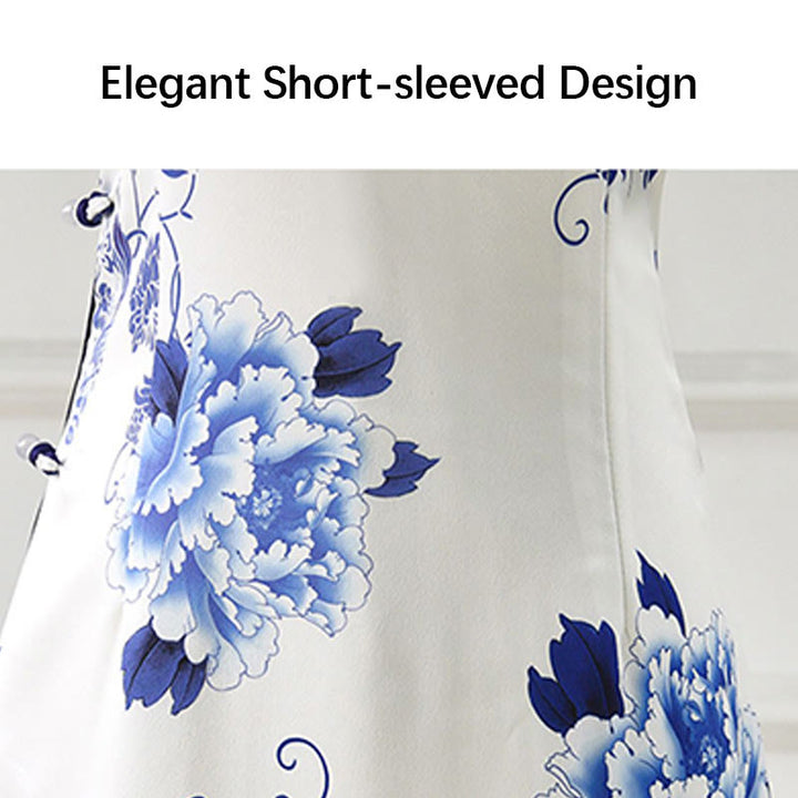 Buddha Stones Blue And White Porcelain Color Peony Flower Pattern Cheongsam Dress Women's Qipao Dress - image 6