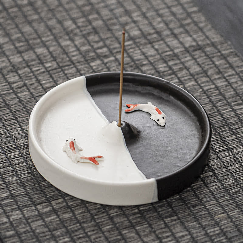 Buddha Stones Koi Fish Pattern Spiritual Healing Ceramic Incense Stick Burner Decoration - Black White Koi Fish - image 4