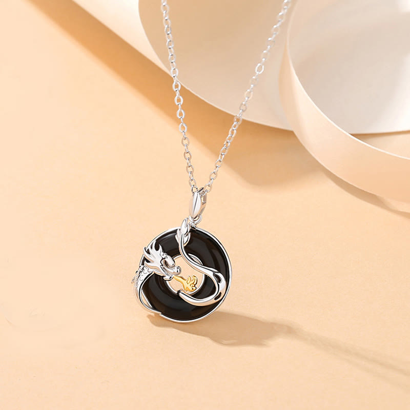 Buddha Stones 925 Sterling Silver Year of the Dragon Natural Black Onyx Chalcedony Dragon Phoenix Peace Buckle Protection Necklace Pendant - Dragon Black Onyx(Protection♥Fortune) - image 1