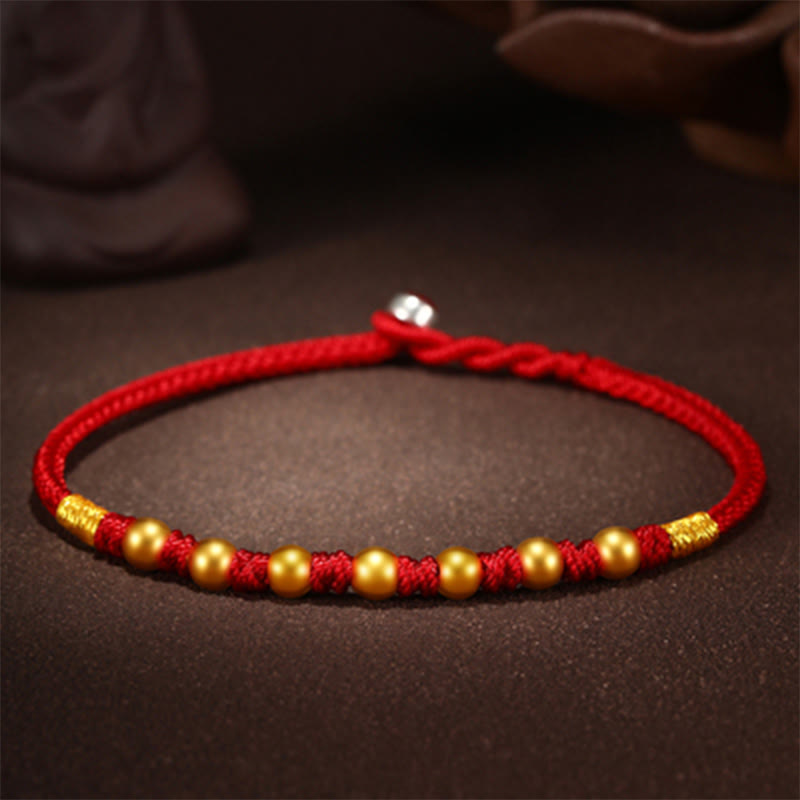 Buddha Stones 999 Gold Beads Luck King Kong Knot Handmade Braided Protection Bracelet - Seven Gold Beads - Red Rope - 24cm - image 21