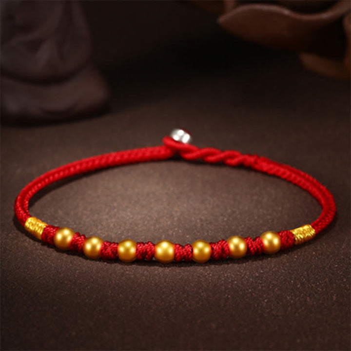 Buddha Stones 999 Gold Beads Luck King Kong Knot Handmade Braided Protection Bracelet - Seven Gold Beads - Red Rope - 24cm - image 21