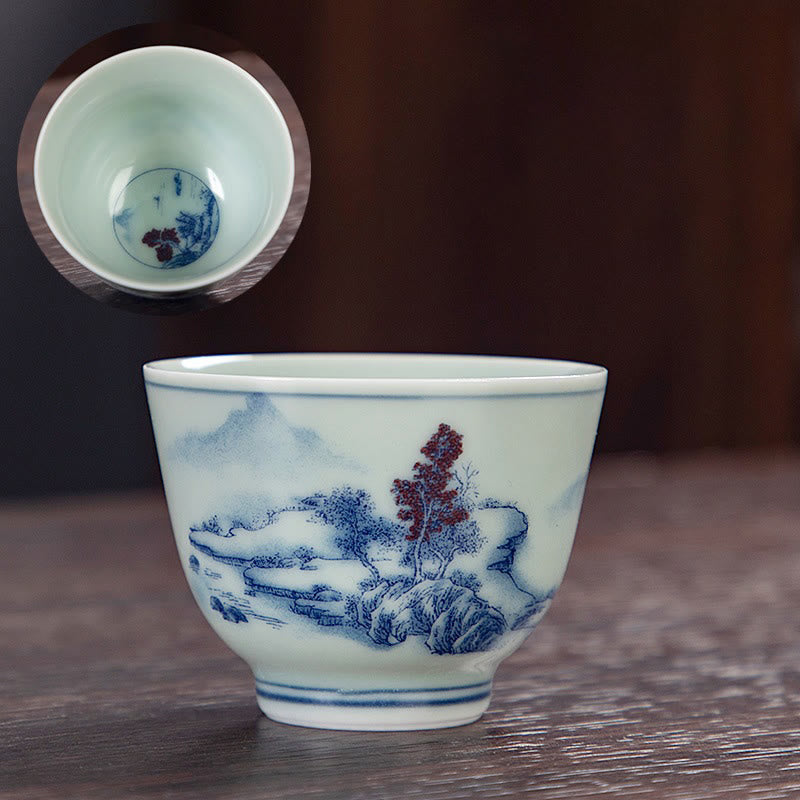 Buddha Stones Blue Landscape Mountains Lotus Cute Cat Pavilions Magnolia Reed Egrets Ceramic Teacup Small Kung Fu Tea Cup - Blue Landscape 6cm*4.5cm*50ml - image 1