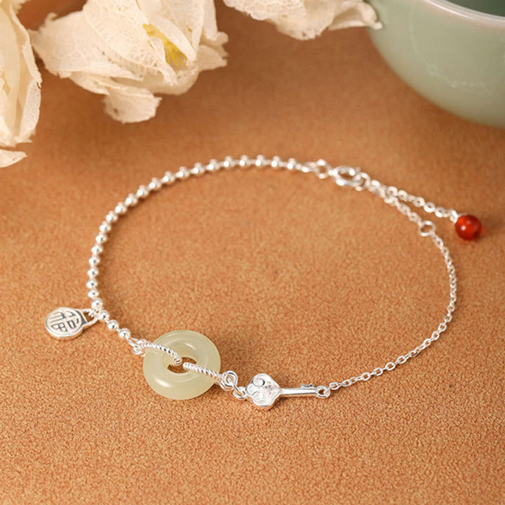 Buddha Stones 925 Sterling Silver Hetian Jade Peace Buckle Fu Character Luck Chain Bracelet - image 2