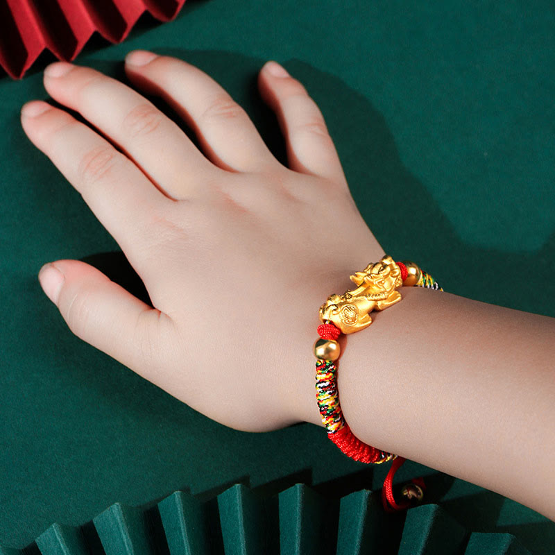 Buddha Stones 999 Sterling Silver PiXiu Wealth King Kong Knot String Braided Kids Child Bracelet - 999 Sterling Silver Golden PiXiu - Colorful Rope(Bracelet Size 12+4cm) - image 1