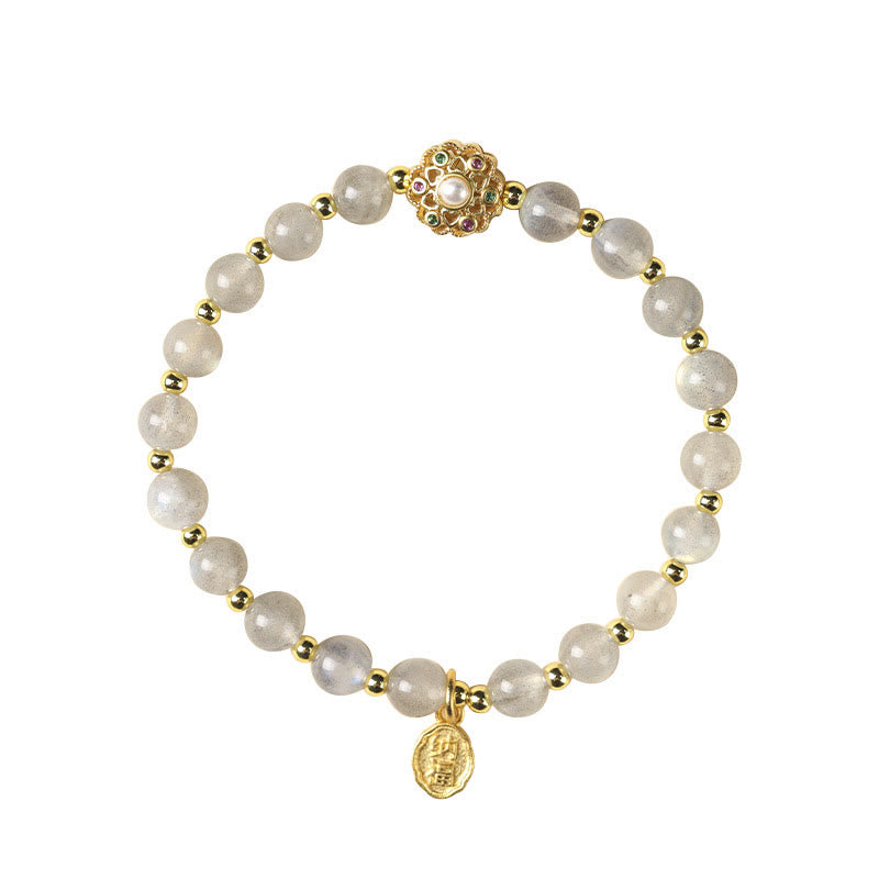 Buddha Stones 14K Gold Plated Natural Strawberry Quartz Labradorite Sun Stone Fu Character Positive Charm Bracelet - image 10