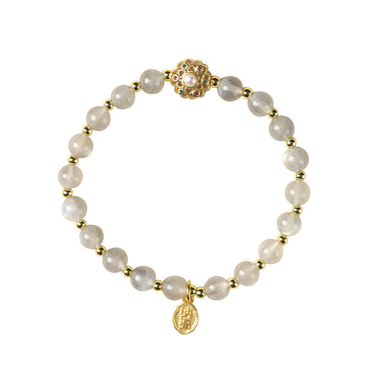 Buddha Stones 14K Gold Plated Natural Strawberry Quartz Labradorite Sun Stone Fu Character Positive Charm Bracelet - image 10