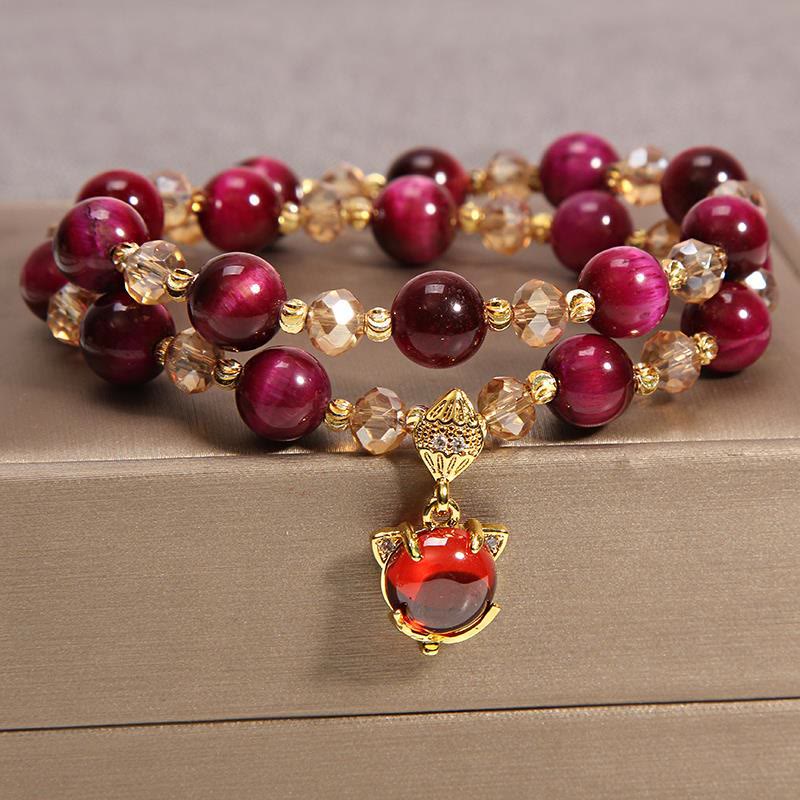 Buddha Stones Tiger Eye Pixiu Fox Money Bag Protection Self Confidence Double Wrap Bracelet - Red Tiger Eye&Fox - image 10