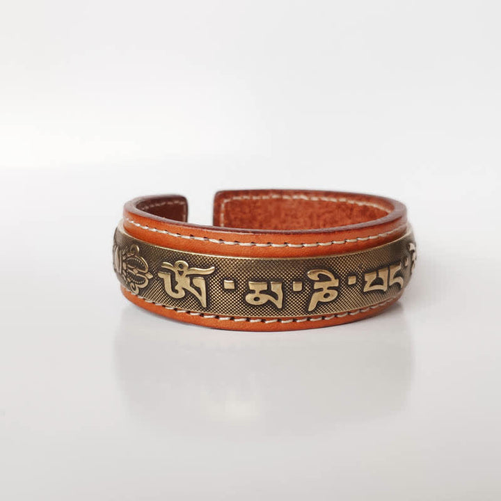 Buddha Stones 2Pcs Om Mani Padme Hum Dragon Phoenix Copper Leather Peace Cuff Bracelet Bangle - Vajra&Om Mani Padme Hum - image 9