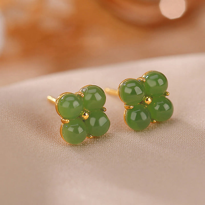 Buddha Stones 925 Sterling Silver Plated Gold Natural Cyan Jade Four Leaf Clover Luck Stud Earrings - image 3
