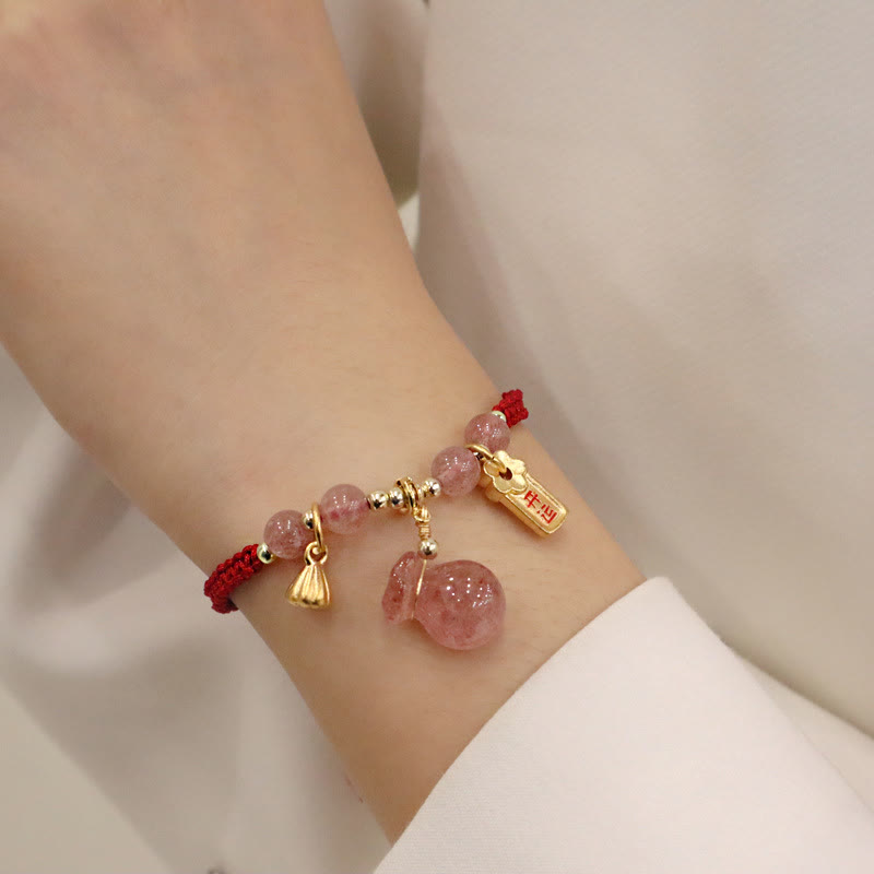Buddha Stones Natural Strawberry Quartz Money Bag Lotus Healing Charm Red String Braided Bracelet - image 1