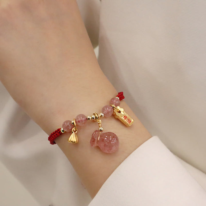 Buddha Stones Natural Strawberry Quartz Money Bag Lotus Healing Charm Red String Braided Bracelet - image 1