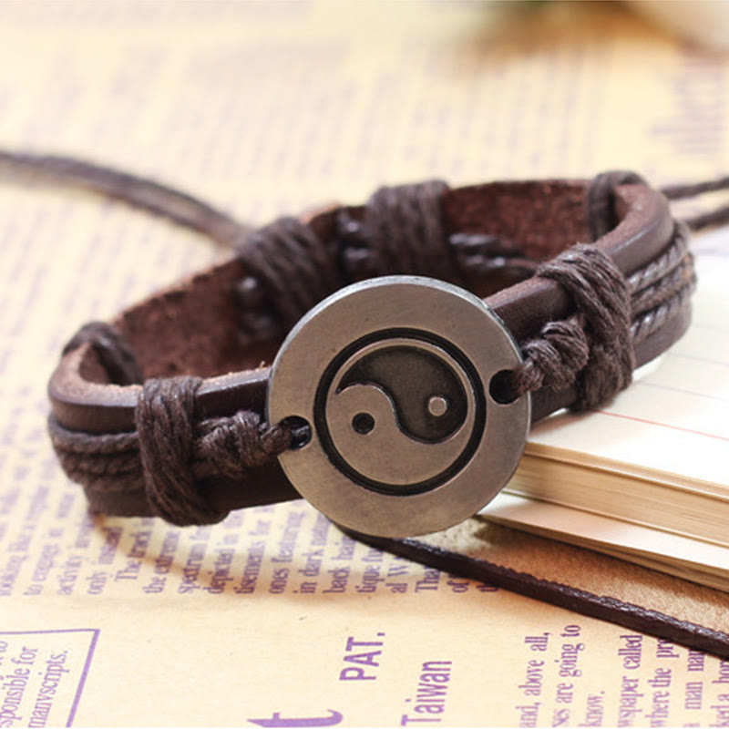Buddha Stones Retro Yin Yang Leather Harmony String Bracelet - image 2