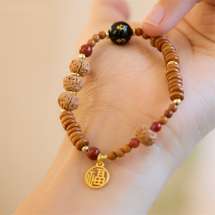Buddha Stones Tibetan Bodhi Seed Black Onyx Smoky Quartz Om Mani Padme Hum Fu Character Wealth Bracelet - Bodhi Seed Olive Pit Black Onyx(Wrist Circumference 14-16cm) - image 1