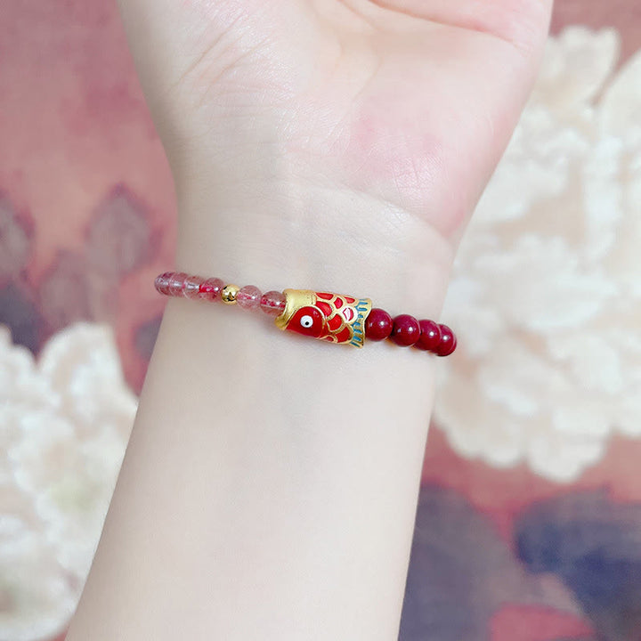 Buddha Stones Natural Strawberry Quartz Cinnabar Lucky Koi Fish Healing Bracelet - image 12