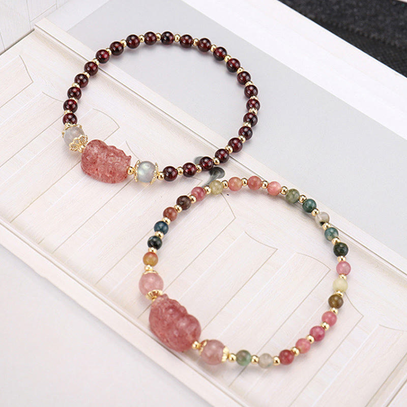 Buddha Stones Natural Tourmaline Garnet Strawberry Quartz PiXiu Moonstone Protection Bracelet - image 1