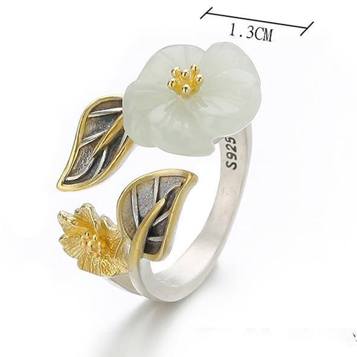 Buddha Stones 925 Silver Plated Copper White Jade Plum Flower Leaf Luck Ring - image 11