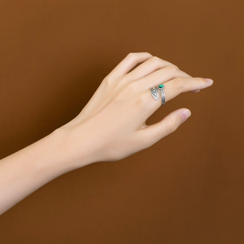 Buddha Stones 925 Sterling Silver Malachite Bead Feather Protection Ring - image 3